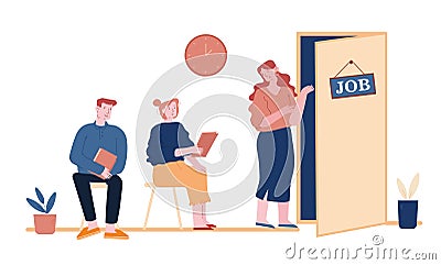 Recruitment, Job Interview Concept. Unemployed People Searching Job. Man and Woman Applicants with Cv Documents Vector Illustration