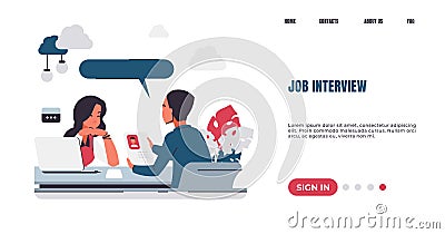 Recruitment landing page. Job interview. HR manager talking with candidates for vacant position. Web service for Stock Photo