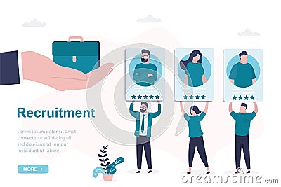Recruitment, landing page template. Group of various candidates hold resumes. Job seekers with cv. Unemployment, global crisis Vector Illustration