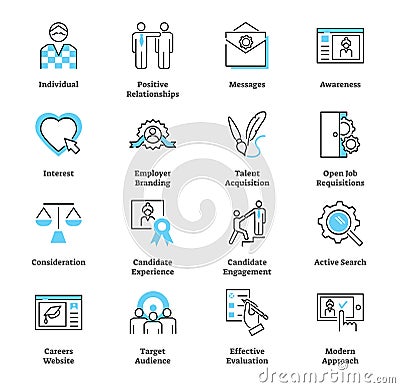 Recruitment marketing icon collection vector set. Hiring talent strategy. Vector Illustration