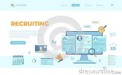 Recruitment platform, agency, hr. Human resources, Employment, Selection of the best candidate. Resume, megaphone, computer, calen Vector Illustration