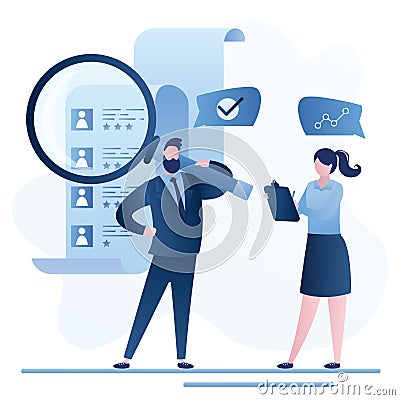 Recruitment process concept. Business people select staff. Resume of candidates with avatars. HR agency, two specialists Vector Illustration