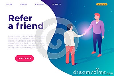 Recruitment program concept, refer a friend program. Two people shake hands confirm cooperation. Vector Illustration