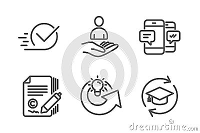 Recruitment, Smartphone sms and Copywriting icons set. Share idea, Checkbox and Continuing education signs. Vector Vector Illustration
