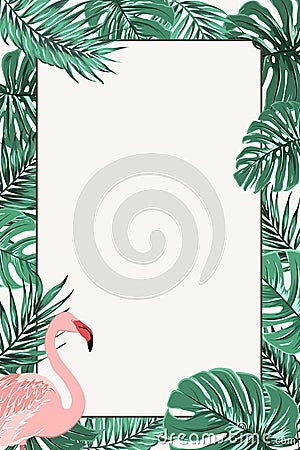 Border frame green tropical leaves pink flamingo Vector Illustration