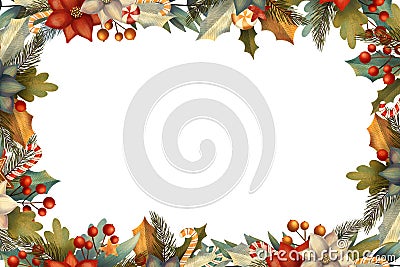 Rectangle christmas frame for card or invitation with poinsettia, lollipop, candy, gingerbread, berry, leaves, branches. Cartoon Illustration