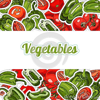 Rectangle composition of green and red hand drawn sweet peppers. Ink and colored sketch.Whole and sliced objects.Template. Vector Illustration