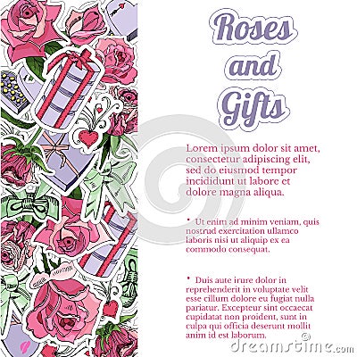 Rectangle composition of hand draw and color sketch of pink rose flowers and leaves, sweetmeat, bowes and other gifts. Vector Illustration