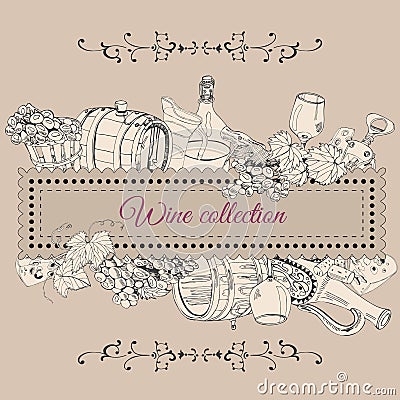 Rectangle composition of wine product elements. Hand drawn sketch objects in vintage style. Vector Illustration