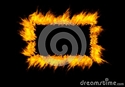 Rectangle, flame and heat on black background with color, texture and pattern of burning energy. Fire frame, fuel or Stock Photo
