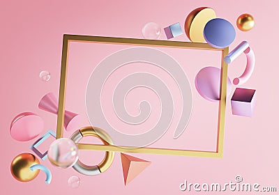 Rectangle Gold Frame. Blank Space on Pink Background. Stylish 3D Rendering Object Stock Photo