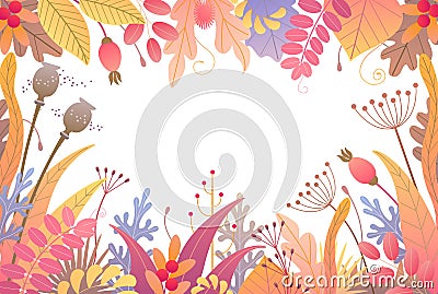 Floral Frame with Autumn Plants Vector Illustration