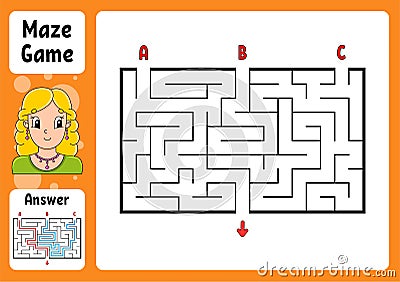 Rectangle maze. Game for kids. Three entrances, one exit. Puzzle for children. Labyrinth conundrum. Color vector illustration. Vector Illustration