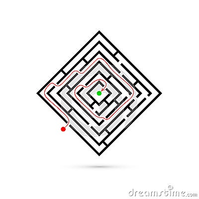 Rectangle maze with way to center. Logic game. Business confusion and solution concept. Flat design. Vector Vector Illustration