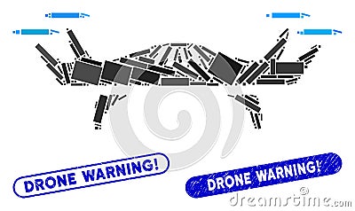 Rectangle Mosaic Air Drone with Scratched Drone Warning! Seals Vector Illustration