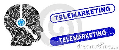 Rectangle Mosaic Call Center Operator with Distress Telemarketing Stamps Vector Illustration