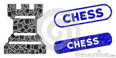 Rectangle Mosaic Chess Tower with Grunge Chess Seals Vector Illustration