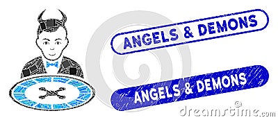 Rectangle Mosaic Devil Roulette Dealer with Distress Angels and Demons Stamps Vector Illustration