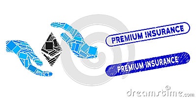 Rectangle Mosaic Ethereum Care Hands with Scratched Premium Insurance Stamps Vector Illustration