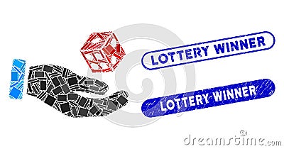 Rectangle Mosaic Hand Play Dice with Textured Lottery Winner Stamps Vector Illustration