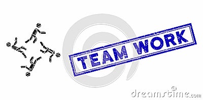 Rectangle Mosaic 4 Moving Men with Scratched Team Work Stamp Vector Illustration