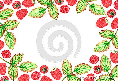 Rectangle raspberry frame. Watercolor illustration. Isolated on a white background. For design. Cartoon Illustration