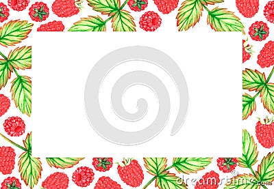 Rectangle raspberry frame. Watercolor illustration. Isolated on a white background. For design. Cartoon Illustration