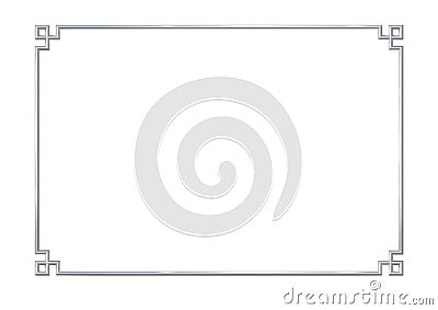 Rectangle realistic frame metal or silver, isolated on white background with Chinese corner pattern. Steel, photoframe template. Vector Illustration