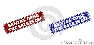 SANTA`S GONE THE SALE IS ON Blue and Red Rectangle Seals with Grunged Textures Vector Illustration