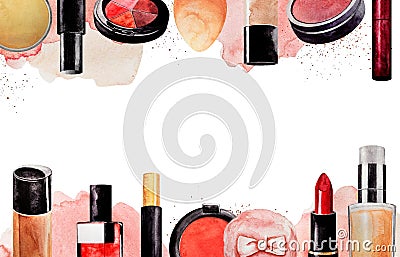 rectangular banner of Makeup. White background. Watercolor. Beige Cosmetics elements for text Stock Photo