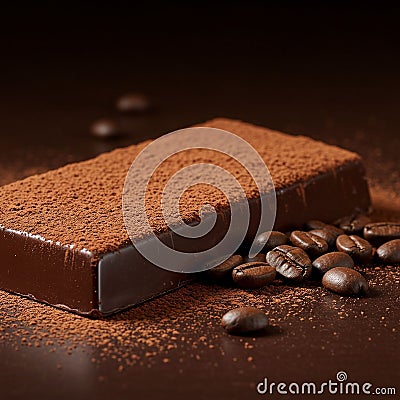 A rectangular block of chocolate is dusted with cocoa powder, resting on a dark surface. Stock Photo