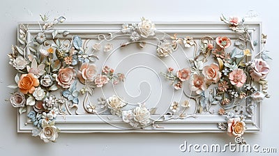 a rectangular boiserie frame adorned with delicate flowers along its edges, against a soft-colored backdrop, set against Stock Photo