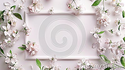 a rectangular boiserie frame adorned with delicate flowers along its edges, against a soft-colored backdrop, set against Stock Photo