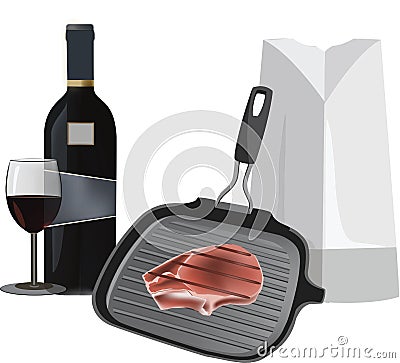 rectangular cast iron grill pot with steak and wine- Vector Illustration