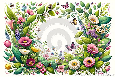 rectangular floral frame with butterflies and various flowers Stock Photo