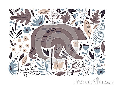 Rectangular Floral Poster with Bear Striding in Forest Vector Illustration Vector Illustration