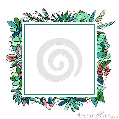 Rectangular frame with houseplants, cactuses and succulents. Vector color hand drawn outline sketch illustration Vector Illustration