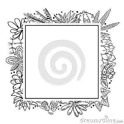 Rectangular frame with houseplants, cactuses and succulents. Vector hand drawn outline sketch illustration Vector Illustration