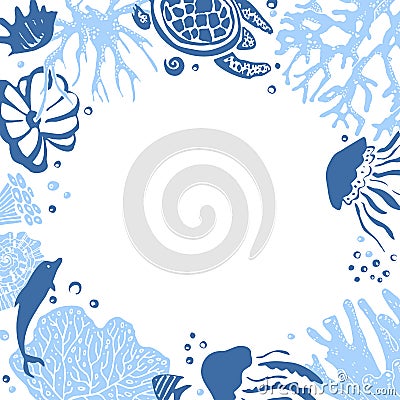 Rectangular frame with sea animals, turtle, dolphin, corals, fishes Vector Illustration