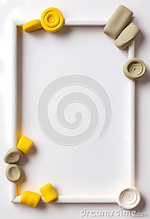 Rectangular frame showcases an abstract background in white and khaki colors, outlined with playful clay shapes in Stock Photo