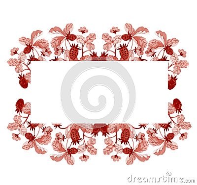 Rectangular frame with stylized leaves and strawberries hand drawn in watercolor and isolated on white background. Stock Photo