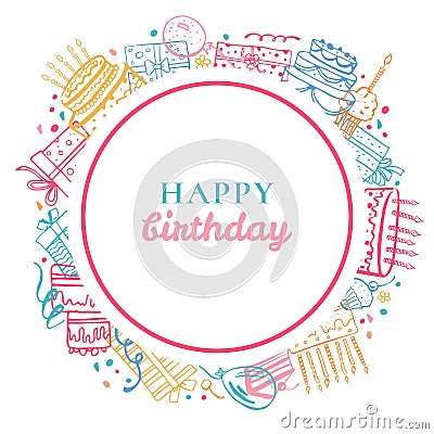 Rectangular frame template with stylized birthday cakes, gift boxes, balloons Vector Illustration