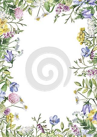 Rectangular frame with watercolor wildflowers, golden splashes, watercolor stains. Stock Photo