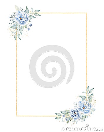 Rectangular golden frame with floral elements hand drawn raster illustration Cartoon Illustration