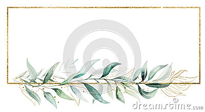 Rectangular golden frame made of green watercolor leaves, wedding illustration Cartoon Illustration