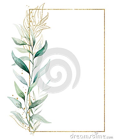 Rectangular golden frame made of green watercolor leaves, wedding illustration Cartoon Illustration