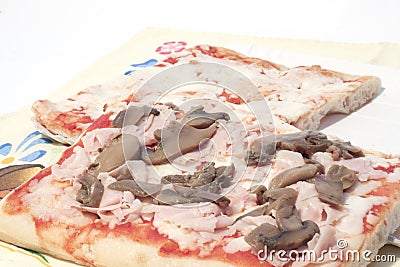 Rectangular ham and takeaway mushrooms pizza Stock Photo