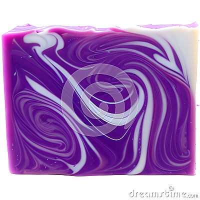 A rectangular isolated bar of handmade soap featuring purple and white swirls Stock Photo
