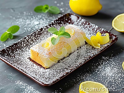 Rectangular plate with sweet lemon roll Stock Photo