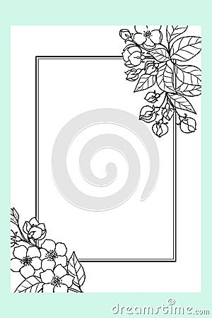 Rectangular postcard template with rectangular frame, with bouquets of spring floral cherries, sakura. Vector Illustration